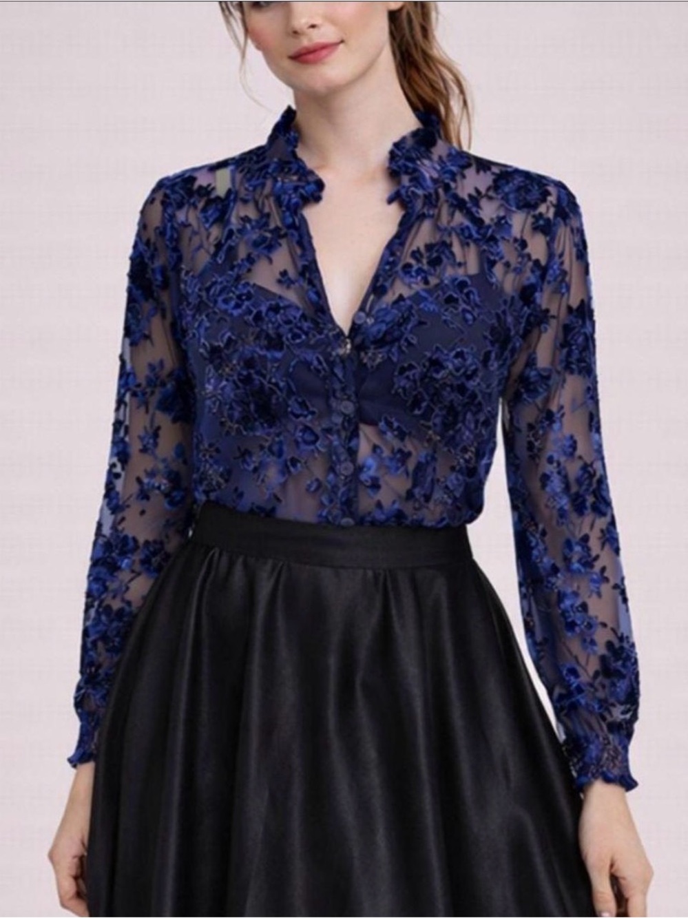Chico's Navy Sheer Floral Embroidered Button-Front Blouse Velvet Appliqué
